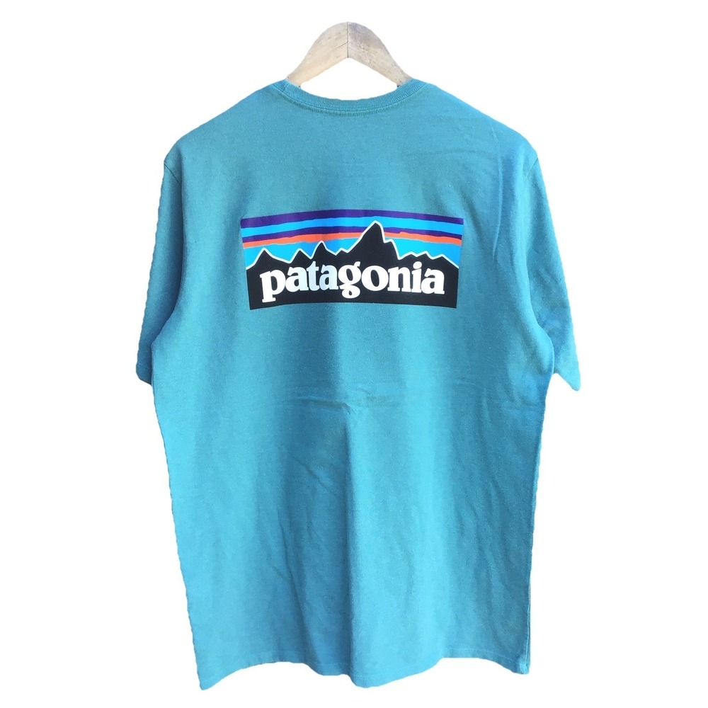 Patagonia Responsibili-Tee P-6 Logo Graphic T-Shirt Blue Men's Medium 22x29